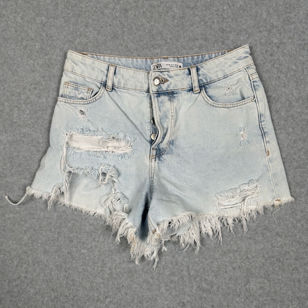 Zara Denim Shorts Womens 4 Light Blue Distressed Cut Off Button Fly Grunge